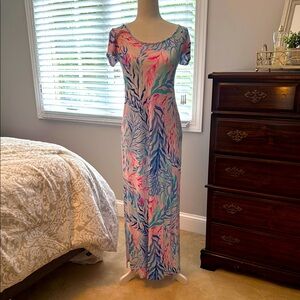 Lilly Pulitzer Pink and Blue Flutter Sleeve Maxi Dress